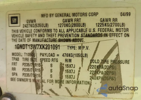 1999 Chevrolet Blazer Ls из США, поврежденный, VIN 1GNDT13W7XK201091